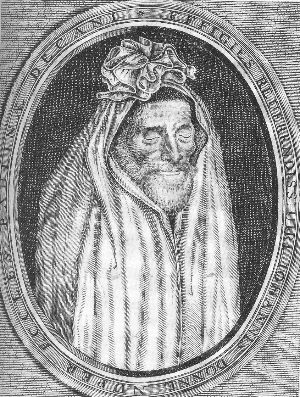 John Donne in his shroud, engraved by Martin Droeshout.