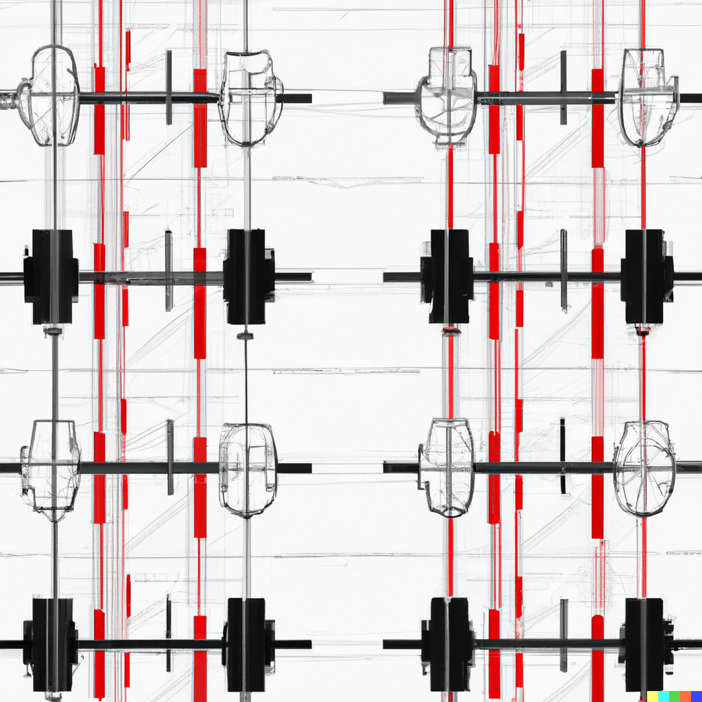 Eight barbells that look hand-drawn, with abstract red patterns in the background.