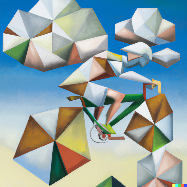 Cubist painting of a man riding a bike on top of a cloud.