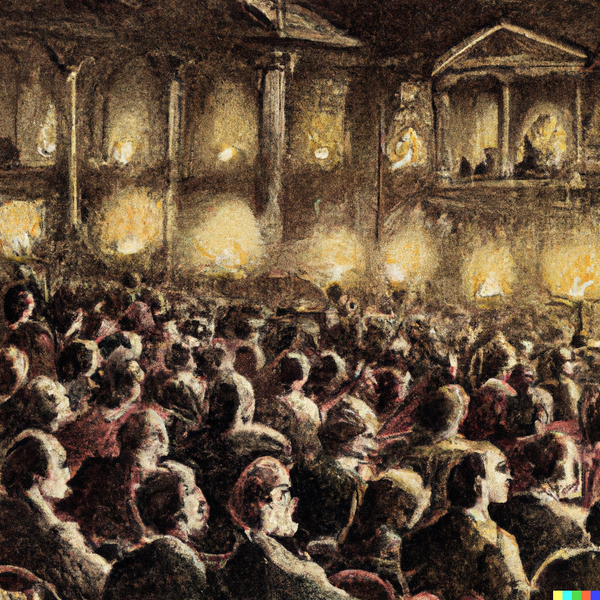 A crowded, candle-lit opera house in the 18th century
